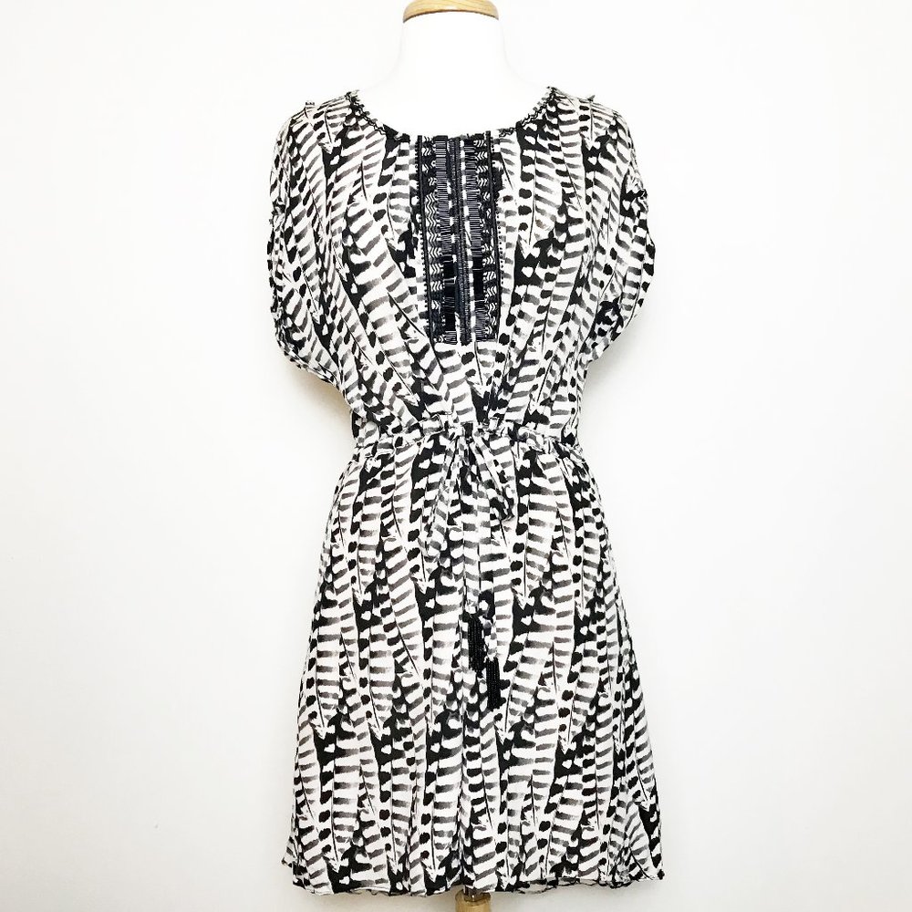 Greylin Print Dress with Tie Waist, Beaded Detail